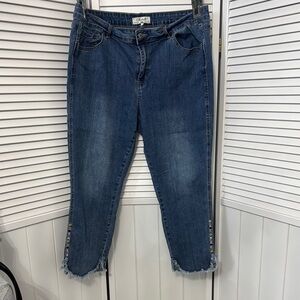 CHARLIE B Blue Ankle Jeans with Frayed Hem